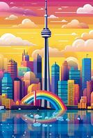 Illustration of a rainbow-colored cityscape with iconic landmarks, representing the global reach and acceptance of the LGBTQ community. Generative AI photo