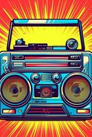 Illustration Old fashioned retro style audio tape recorder, ghetto boombox on a graphical background. Portable stereo. 80s music. Urban style party Generative Ai photo