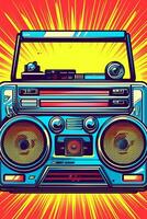 ilustración antiguo pasado de moda retro estilo audio cinta grabadora, ghetto boombox en un gráfico antecedentes. portátil estéreo. Años 80 música. urbano estilo fiesta generativo ai foto