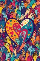 Illustration of hands reaching out and forming a heart shape, filled with vibrant colors and patterns, symbolizing love, unity, and the spirit of Pride. Generative AI photo