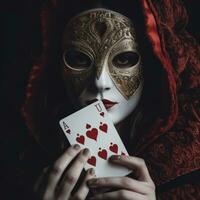 Mysterious masked woman holding a playing card, alluding to the themes of deception and hidden identities. Generative AI photo