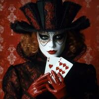 Mysterious masked woman holding a playing card, alluding to the themes of deception and hidden identities. Generative AI photo