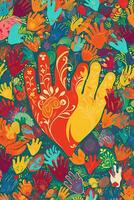 Illustration of hands reaching out and forming a heart shape, filled with vibrant colors and patterns, symbolizing love, unity, and the spirit of Pride. Generative AI photo