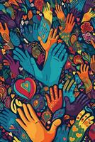 Illustration of hands reaching out and forming a heart shape, filled with vibrant colors and patterns, symbolizing love, unity, and the spirit of Pride. Generative AI photo