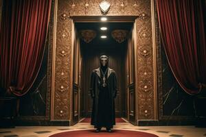 Masked figure standing at the entrance of a secret society, capturing the secrecy and exclusivity. Generative Ai photo