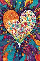 Illustration of hands reaching out and forming a heart shape, filled with vibrant colors and patterns, symbolizing love, unity, and the spirit of Pride. Generative AI photo