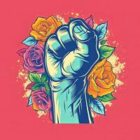 The rainbow fist with rose poster. Gay Pride. LGBTQ concept. Vector illustration. Generative Ai photo