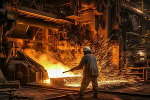 Image of a worker wearing protective gear operating heavy machinery inside the steel mill, showcasing the industrial environment. Generative AI photo