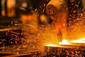 Image of sparks flying during the steel fabrication process, capturing the energy and craftsmanship involved in steel production. Generative AI photo