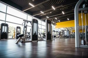 Gym interior with modern fitness equipment. Concept fitness equipment. Generative Ai photo