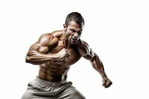 Fierce and powerful man. Muscular man isolated on white background. Concept no limits and motivation. Generative Ai photo