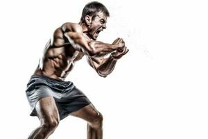 Fierce and powerful man. Muscular man isolated on white background. Concept no limits and motivation. Generative Ai photo