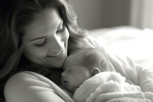 contento joven amoroso madre sonriente a su bebé. generativo ai foto