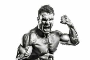 Fierce and powerful man. Muscular man isolated on white background. Concept no limits and motivation. Generative Ai photo