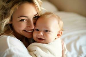 contento joven amoroso madre sonriente a su bebé. generativo ai foto