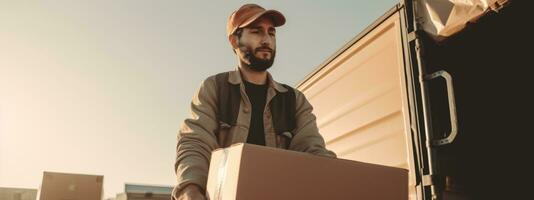 Low angle view of one delivery men carrying the cardboard box in truck Delivery men banner. Generative AI photo