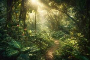 Lush tropical rainforest, with massive leaves, twisting vines and exotic flowers abloom while sunlight filters through the canopy. Generative AI photo