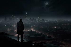 Moody image of a city skyline at night, with dark person hero perched on a rooftop, blending into the shadows as he keeps watch over the city. Generative Ai photo