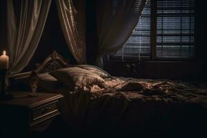 Dimly lit bedroom with silk sheets and a blindfold, capturing the sensuality and intrigue . Generative AI photo