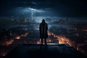 Moody image of a city skyline at night, with dark person hero perched on a rooftop, blending into the shadows as he keeps watch over the city. Generative Ai photo