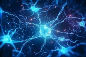 Glowing brain nerve cell. Specialized cell transmitting nerve impulses. System neuron of brain with synapses. Brain medicine biology. Generative AI photo