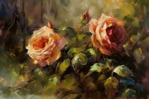 petróleo pintura con flor pastel Rosa y hojas. botánico impresión antecedentes en lienzo. generativo ai foto