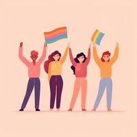 People hold flags and signs of LGBT society support homosexual and transgender community. Person raise hands up on gay parade. Pride month holiday. Vector illustration. Generative AI photo