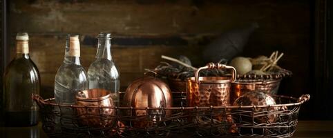 Nesting baskets in graduated copper, brass tones packed with beribboned bottles of olive oil, balsamic vinegar, aged wine for a kitchen table centerpiece. Generative AI photo