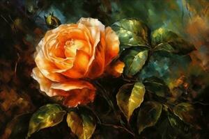 Oil painting with flower pastel rose and leaves. Botanic print background on canvas. Generative AI photo