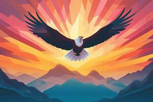 Paper art of majestic Bald Eagle soaring through the sky, carrying an American flag in its talons, against a backdrop of a surreal sunset filled with vibrant colors.Vector illustration. Generative AI photo