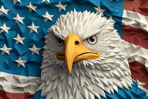 Paper art of layered Angry North American bald eagle over American flag. Vector illustration. Generative AI photo