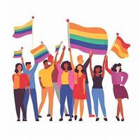 People hold flags and signs of LGBT society support homosexual and transgender community. Person raise hands up on gay parade. Pride month holiday. Vector illustration. Generative AI photo