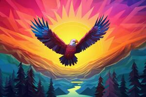 Paper art of majestic Bald Eagle soaring through the sky, carrying an American flag in its talons, against a backdrop of a surreal sunset filled with vibrant colors.Vector illustration. Generative AI photo