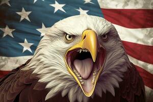 Paper art of layered Angry North American bald eagle over American flag. Vector illustration. Generative AI photo