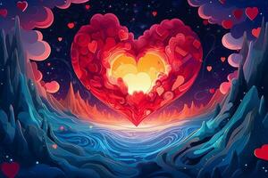 Paper cut art style heart-shaped planet floating in a surreal sky, with colorful constellations surrounding it, portraying a love that transcends boundaries. Generative AI photo