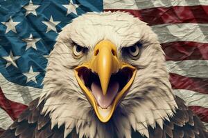 Paper art of layered Angry North American bald eagle over American flag. Vector illustration. Generative AI photo