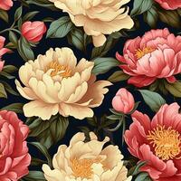 Seamless fabric pattern of colorful bright peonie flower. Design for paper, cover, fabric, interior decor, textile and other users. Generative AI photo