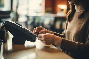 Paying with credit card, smart phone or NFC technology. Shopping by phone and connected card.. Generative Ai photo