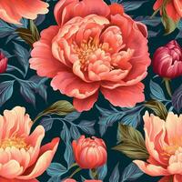 Seamless fabric pattern of colorful bright peonie flower. Design for paper, cover, fabric, interior decor, textile and other users. Generative AI photo
