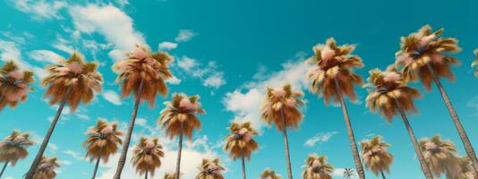 Palm trees against blue sky banner. Generative AI photo