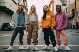 A street-style fashion shoot featuring models wearing trendy urban outfits, including baggy jeans, sneakers, and oversized hoodies, reflecting the fashion influence of hip-hop culture. Generative AI photo