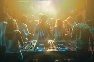 Group of young people standing in front of a DJ booth, watching a famous DJ spin records and mix tracks, surrounded by a sea of dancing bodies. Generative AI photo