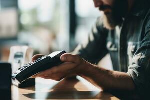 Paying with credit card, smart phone or NFC technology. Shopping by phone and connected card.. Generative Ai photo