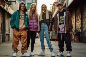 A street-style fashion shoot featuring models wearing trendy urban outfits, including baggy jeans, sneakers, and oversized hoodies, reflecting the fashion influence of hip-hop culture. Generative AI photo