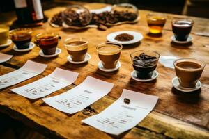 Coffee tasting session, with cups of coffee lined up on a rustic wooden table, highlighting the nuances and flavors of different coffee varieties. Generative AI photo
