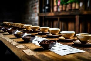 Coffee tasting session, with cups of coffee lined up on a rustic wooden table, highlighting the nuances and flavors of different coffee varieties. Generative AI photo