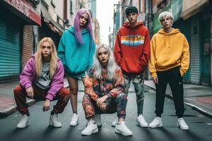 A street-style fashion shoot featuring models wearing trendy urban outfits, including baggy jeans, sneakers, and oversized hoodies, reflecting the fashion influence of hip-hop culture. Generative AI photo