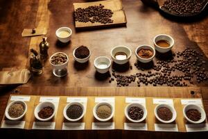 Coffee tasting session, with cups of coffee lined up on a rustic wooden table, highlighting the nuances and flavors of different coffee varieties. Generative AI photo