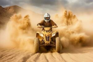 ATV quad in dust cloud with desert on background. Biker rider in action. Generative AI photo