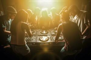 Group of young people standing in front of a DJ booth, watching a famous DJ spin records and mix tracks, surrounded by a sea of dancing bodies. Generative AI photo